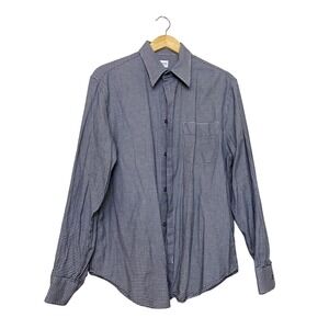 Armani Collezioni Mens Large Navy Blue White Micro Check Button Down Shirt L